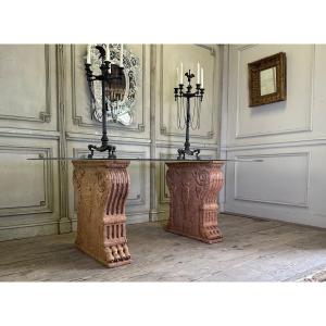 Pair Of Table Pedestals In Red Marble From Verona, Italy, XIXth Century