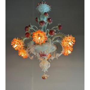 Venetian Chandelier In Blue And Red Murano Glass Circa 1930