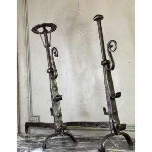 Pair Of Landiers In Wrought Iron, 18th Century