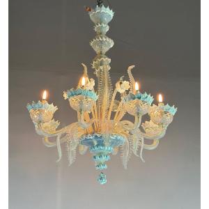 Lustre Vénitien En Verre De Murano Deux Tonalités De Bleus, Vers 1940, 8 Bras De Lumière 