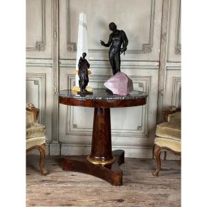 Empire Pedestal Table In Mahogany, Gilt Bronze, Saint Anne Gray Grooved Marble, Circa 1800