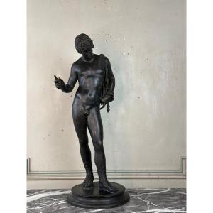 Narcissus, Bronze Excavated Black Patina, From The Antique, Signature On The Base Michele Amodio