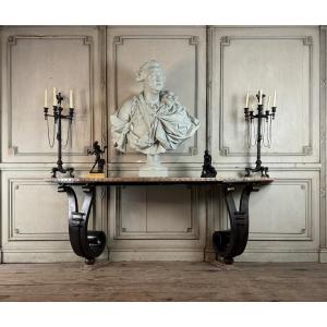 Iron Console With Double Winding Leg, Beige Marble Top Carved In Belt