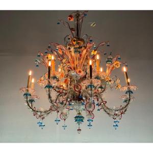 Venetian Rezzonico Chandelier In Multicolored Murano Glass, 12 Arms Of Light, Circa 1920