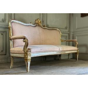 Baroque Style Bench In Golden And Painted Wood, Italy, 19th Century