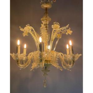 Venetian Chandelier In Golden Murano Glass, 6 Arms Of Light Circa 1940