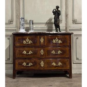 Louis XV Commode In Veneer And Gilded Bronzes, Rance Marble, 18th Century 