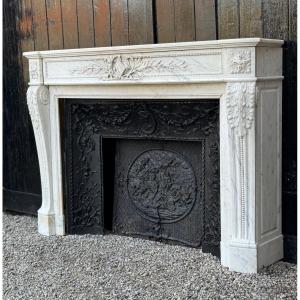 Louis XVI Style Fireplace In White Carrara Marble Circa 1880