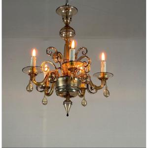 Venetian Chandelier In Mordore Murano Glass Highlighted With Black Lining, Circa 1950