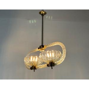 Venetian Chandelier In Colorless Murano Glass And Brass Circa 1950 