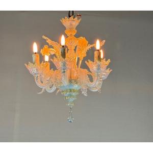 Small Venetian Chandelier In Opalescent Blue And Gold Murano Glass, 6 Arms Of Light Circa 1950