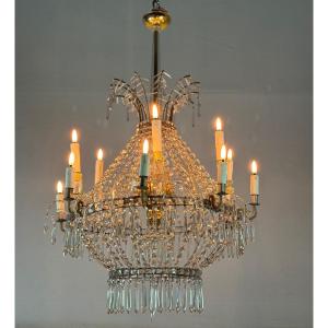 Lustre Sac De Perles En Cristal Taillé Vers 1800