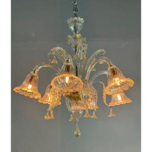 Venetian Chandelier In Golden Murano Glass, 6 Arms Of Light 