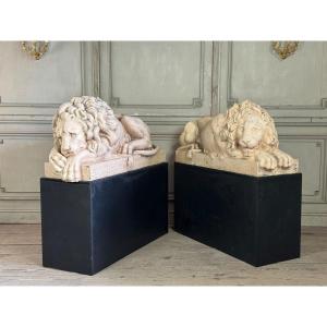 Two Lying Lions In White Terracotta After Canova, 19th Century