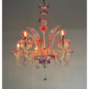 Venetian Chandelier In Colorless And Red Murano Glass 5 Arms Of Light, Circa 1950