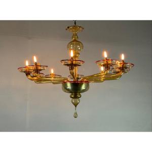 Venetian Chandelier In Mordore Murano Glass Highlighted With A Red Lining, Venini Circa 1940