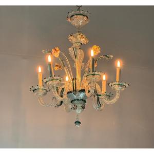 Venetian Chandelier In Colorless Murano Glass Highlighted With English Green, Multicolored Flowers