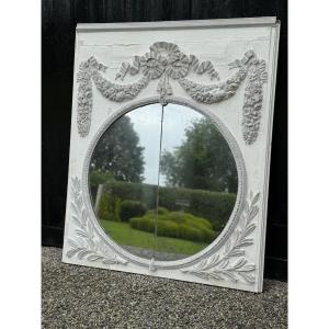Miroir De Cheminée, Trumeau Louis XVI En Bois Sculpté Rechampi Blanc Et Gris, XVIIIème Siècle 