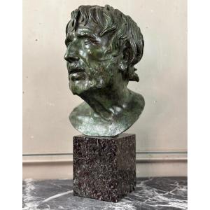 Buste Masculin En Bronze, « pseudo Seneque »patine Verte D’après L’antique, XIXéme Siècle 
