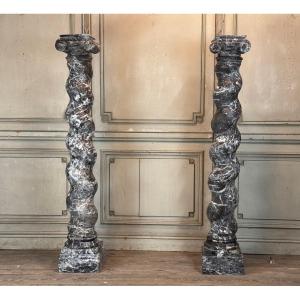 Paire De Colonnes Torsadées En Marbre Gris Des Ardennes, Vers 1880