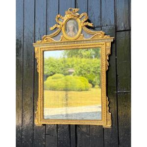 Large Mirror With Entwined Doves, Louis XVI, Gilded And Painted Wood, 18th Century