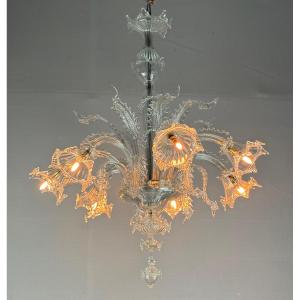 Lustre vénitien en verre de Murano incolore, 7 bras de lumière vers 1930