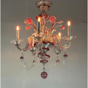 Venetian Chandelier In Colorless And Red Murano Glass, 5 Light Arms Circa 1880