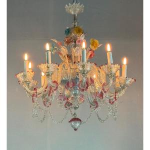Lustre vénitien en verre de Murano multicolore, 10 bras de lumière, vers 1880 