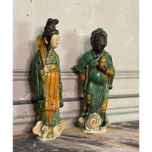 Deux immortels en terre cuite Sancai, tuiles faîtières, Chine, dynastie Ming