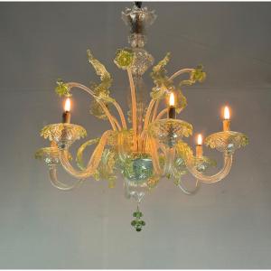 Venetian Chandelier In Colorless And Green Murano Glass, 6 Light Arms Circa 1940