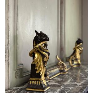 Pair Of Bronze Andirons With Cats, Circa 1900