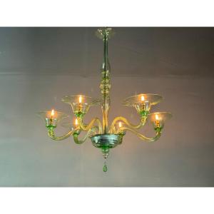 Lustre vénitien en verre de Murano vert, circa 1940 