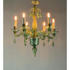 Lustre vénitien en verre de Murano vert, 6 bras de lumière, vers 1920 