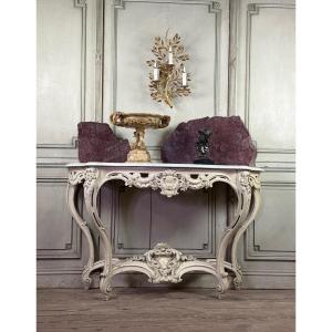 Console de style Louis XV patine beige, marbre de Carrare vers 1880 