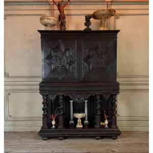 Large Louis XIII Cabinet In Ebony Veneer, 17th Century 