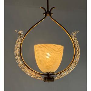 Lustre vénitien en verre de Murano incolore, coupe « Vetro à reticello » vers 1950 