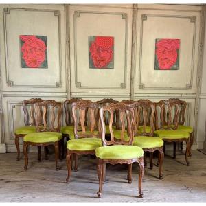 Set Of 12 Louis XV Chairs In Carved Wood, Liège, 18th Century 