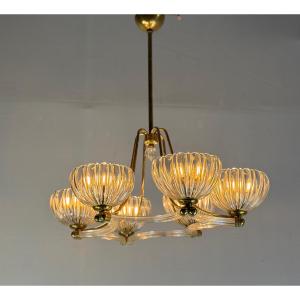 Venetian Chandelier In Colorless Murano Glass And Brass, Circa 1940