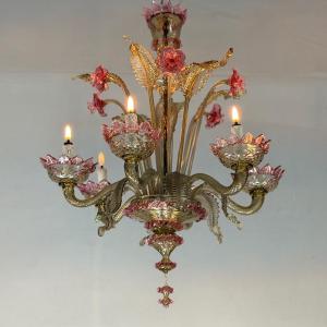 Venetian Chandelier In Pink And Gold Murano Glass, Circa 1930
