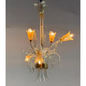 Asymmetrical Venetian Chandelier In Colorless And Gilded Murano Glass, Circa 1980