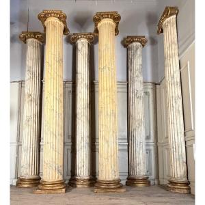 Two Columns And Four Fluted Half-columns, Carved Wood And Faux Marble, 18th Century