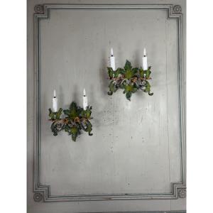 Pair Of Polychrome Metal Sconces With Flowers, Circa 1900
