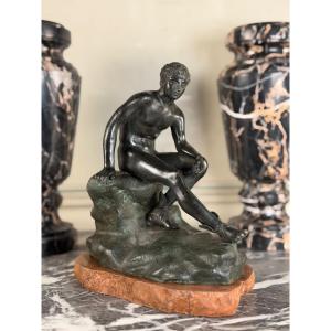 Hermes At Rest, Grand Tour Bronze, Black And Green Patina, 19th Century