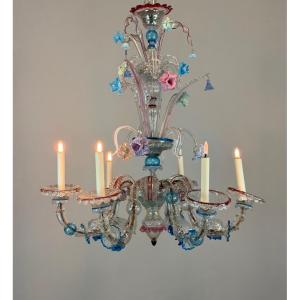 Rezzonico Venetian Chandelier Made Of Multicolored Venetian Glass, Circa 1900