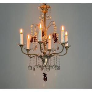 Art Deco Chandelier In Silver-plated Bronze, Adorned With Pendants And Bunches Of Grapes, Circa 1930
