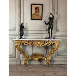 Console Louis XV en bois doré, marbre blanc de Carrare, XVIIIème siècle