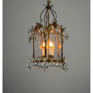 Lanterne de style Louis XV en bronze et pampilles en forme de gouttes, vers 1900