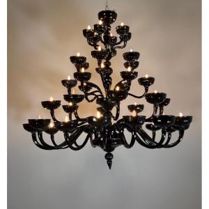 Lustre vénitien en verre de Murano noir, 28 feux de lumière, fin du XXème siècle