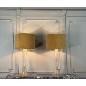 Pair Of Venetian Table Lamps Made Of Gilded Murano Glass, Circa 1990