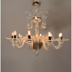 Venetian Chandelier Made Of Clear Murano Glass With 10 Light Arms, Circa 1980
